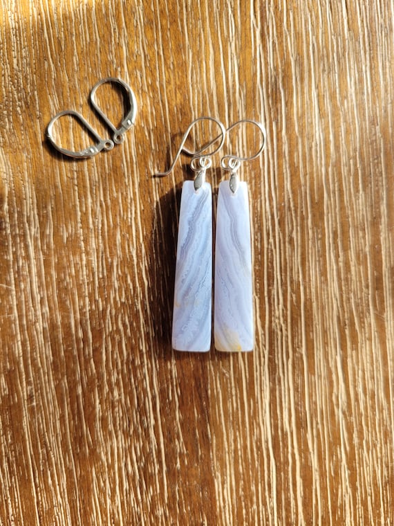 Unique blue lace agate earrings.  Available in silver only