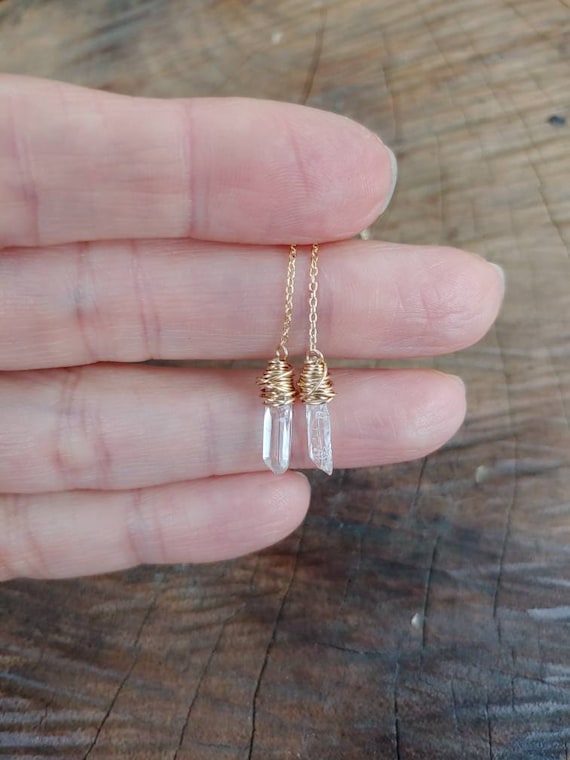 Dainty quartz earrings  Herkimer threader earrings.   Gold diamond earrings. Silver diamond earrings.  Rose gold diamond earrings