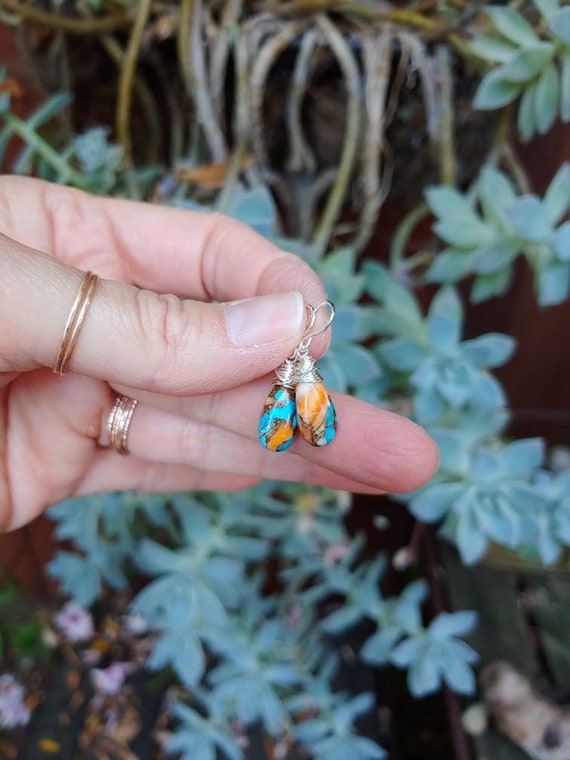 Oyster copper turquoise earrings.  Dainty turquoise earrings. Available in sterling silver, gold filled and rose gold wrapping. A002