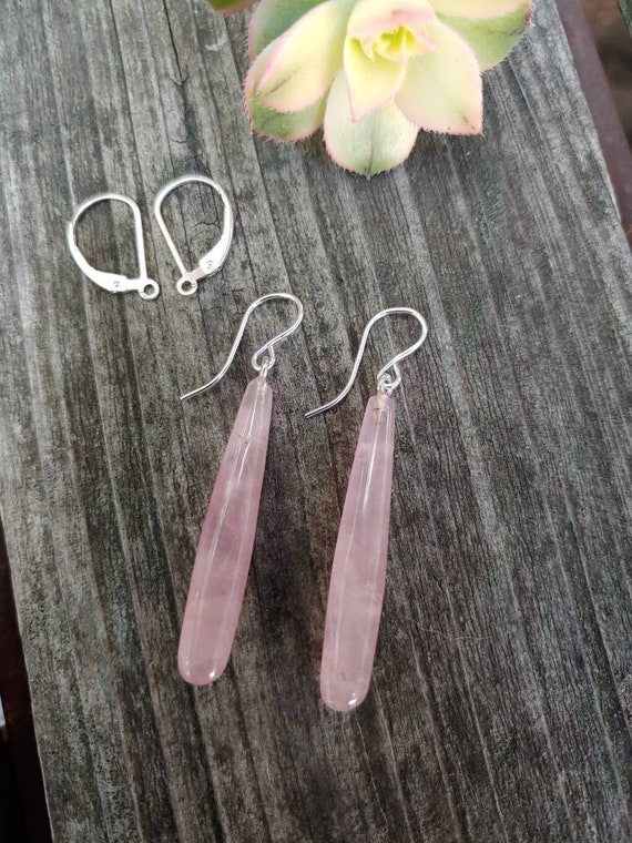 Long rose quartz earrings.  Teardrop rose quartz earrings.  Long pink earrings. Sexy long pink earrings