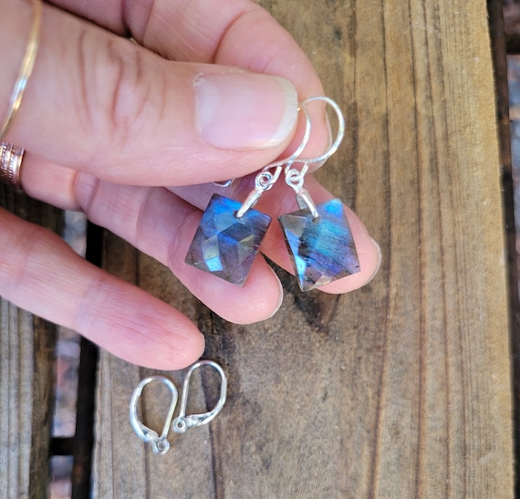 Dainty square faceted Labradorite earrings. Sterling silver labradorite earrings.