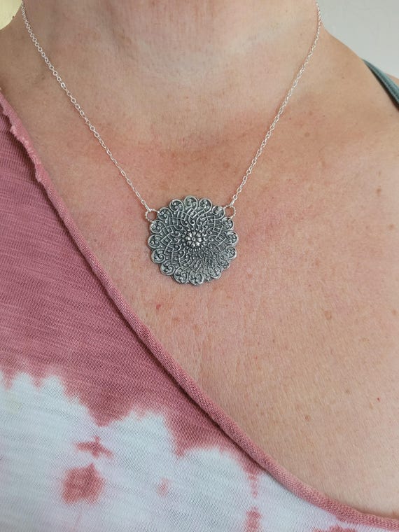 1900's French filigree pendant necklace. Sterling silver antique necklace