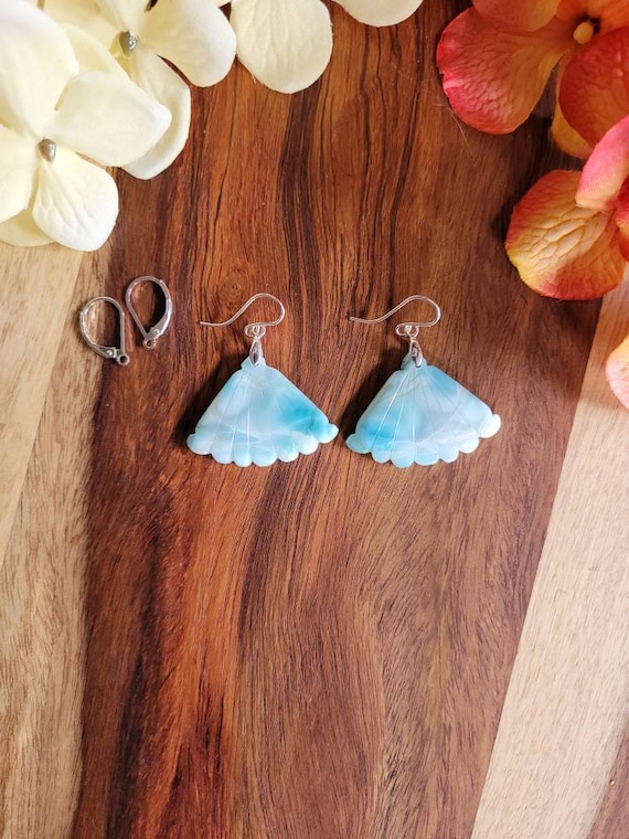 Unique carved larimar earrings. One of a kind sterling silver larimar earrings.