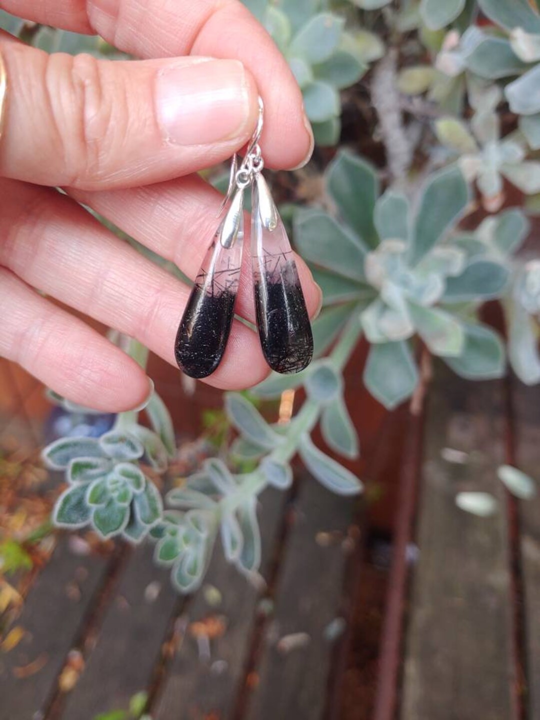 Long Black Rutilated Quartz Earrings. Black Rutile Quartz Earrings