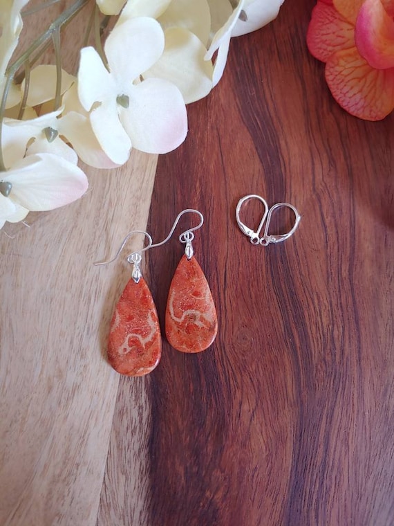 Orange spongy coral earrings. Sterling silver coral earrings.