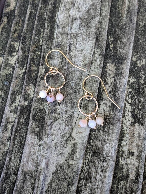 Pink opal earrings. Karma ring earrings. Opal gemstone earrings. Gold and silver avail