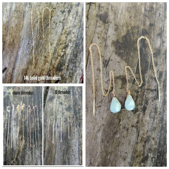 Larimar threader earrings. Gold threader earrings.  Silver larimar threader earrings. Rose gold larimar threader earrings