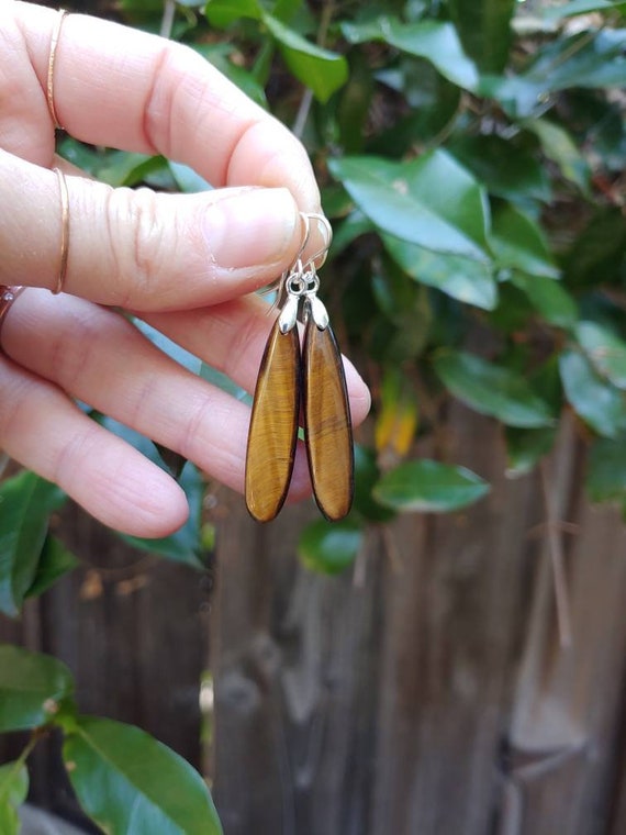 Long tiger eye earrings.   Sterling silver tigers eye earrings.