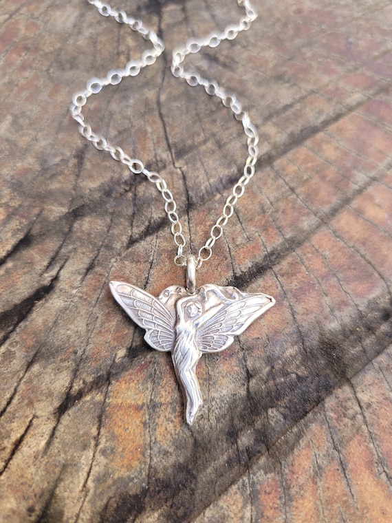 Art nouveau fairy pendant necklace. Sterling silver antique necklace. 1900's French necklace