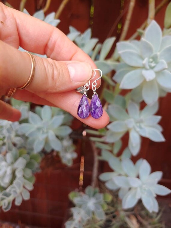Dainty charoite earrings. Avail in sterling silver, gold filled or rose gold
