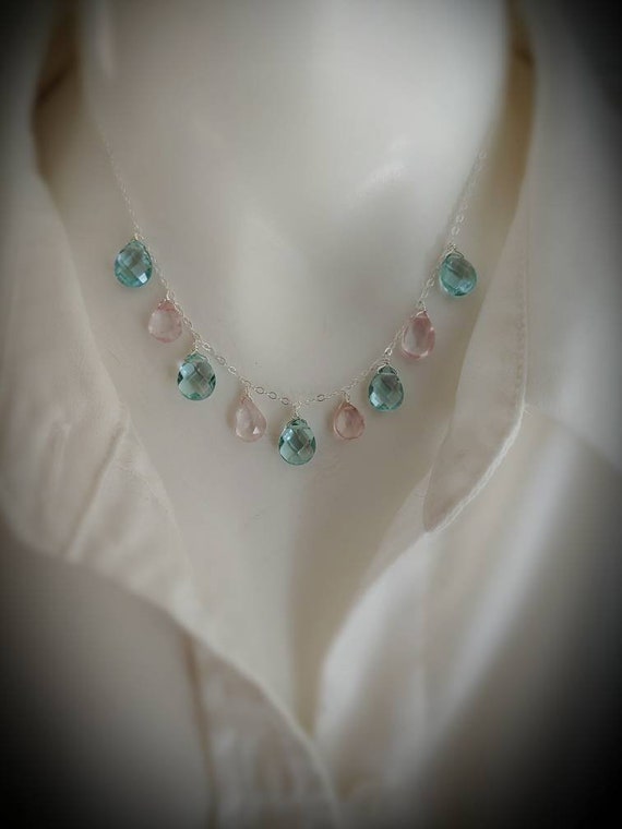 Elegant aquamarine quartz and rose quartz necklace. Your choice of gold filled, sterling silver, or rose gold