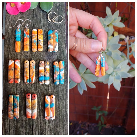 Slender spiny oyster turquoise earrings.   Available in sterling silver only. Mosaic earrings
