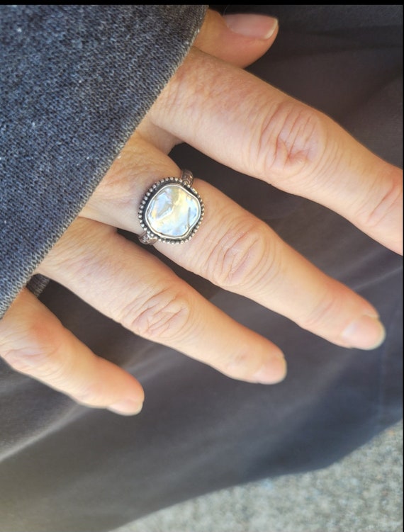 Cornflake pearl ring. Sterling silver pearl ring. Unique flat real pearl ring