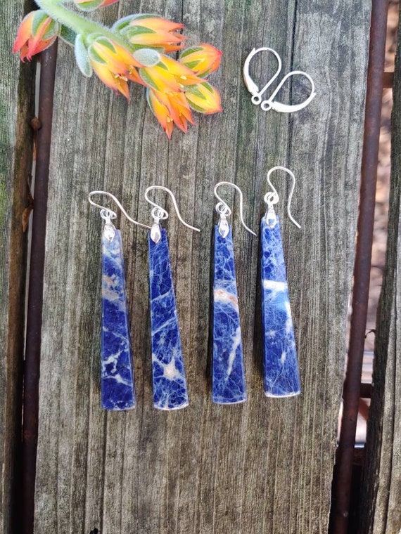 Unique sodalite earrings.  Long sodalite earrings.  Sterling silver sodalite earrings
