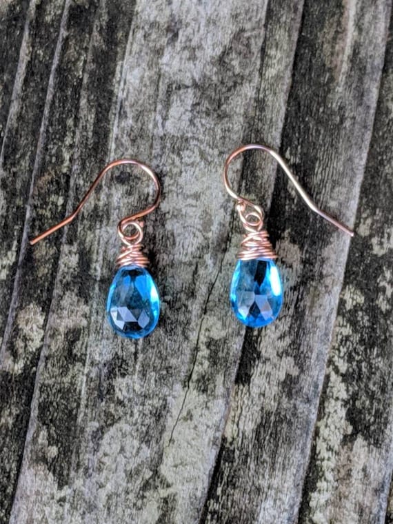 Dainty swiss blue topaz earrings. Gold topaz earrings.  Silver topaz earrings. Rose gold topaz earrings