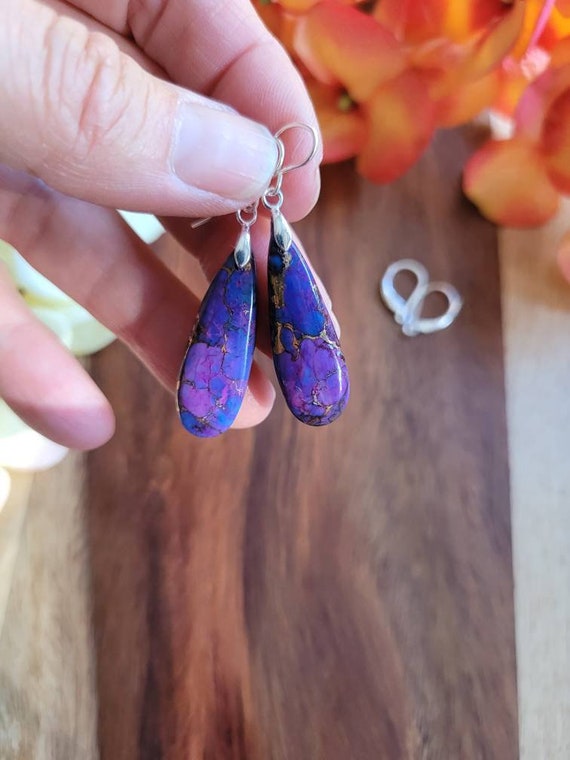 Teardrop purple copper Spiny oyster earrings.  Silver spiny oyster earrings.  Purple spiny oyster earrings