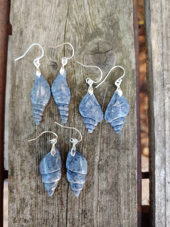 Unique fossil coral earrings. Blue coral earrings. Avail in Sterling only