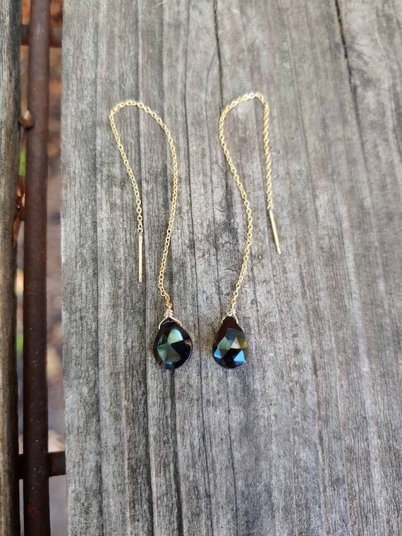 Black tourmaline threader earrings. Black tourmaline earrings.  Silver, gold filled and rose gold filled available