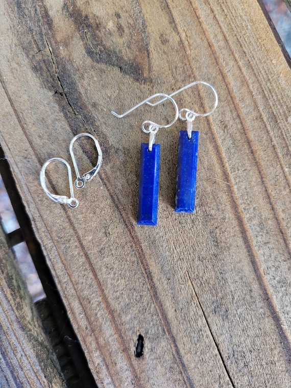 Dainty lapis lazuli earrings.  Sterling silver lapis earrings. Rectangle shaped lapis lazuli