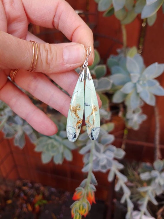 Long chrysoprase earrings. Available in sterling silver only. Silver chrysoprase earrings