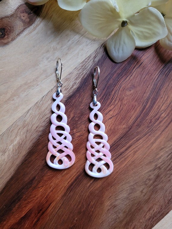 Unique filigree pink conch shell earrings. Blush pink earrings. Available in sterling silver only.    Shell earrings.