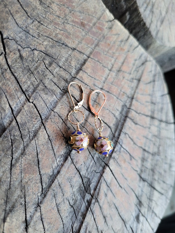 Royal blue champleve cloisonne earrings.  Gold cloisonne earrings. multicolored enameled earrings