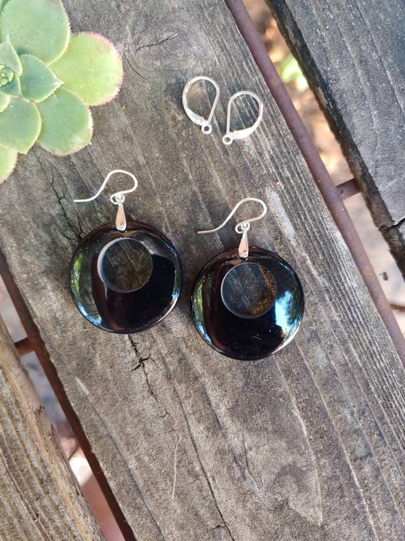 Unique chunky gemstone hoop black onyx earrings. Silver black onyx earrings. Gold black onyx earrings.  Rose gold black onyx earrings