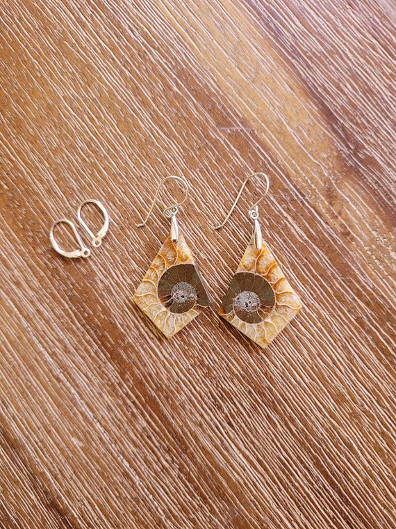 Unique diamond cut fossil earrings. Sterling silver ammonite earrings.  Fossil jewelry. One of a kind