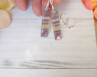 Sterling silver long fluorite earrings.  Rectangle fluorite earrings