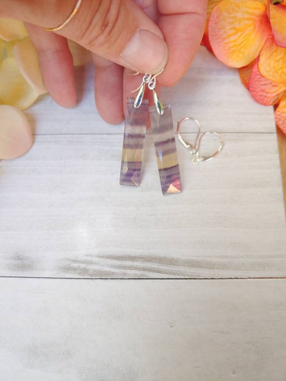 Sterling silver long fluorite earrings.  Rectangle fluorite earrings