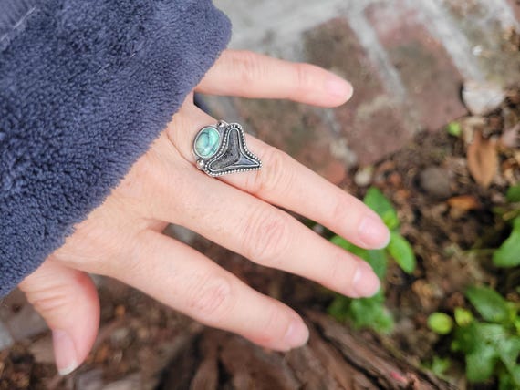 Dainty sterling silver megalodon shark tooth and turquoise gemstone ring. Sterling silver turquoise ring.  One of a kind custom ring.