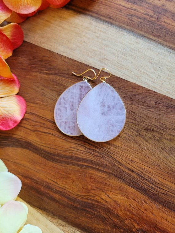 Gold filled rose quartz earrings.  Teardrop rose quartz earrings.  Pale pink earrings.  Natural rose quartz. Long rose quartz earrings