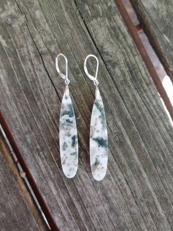 Long silver moss agate earrings.  Unique agate earrings