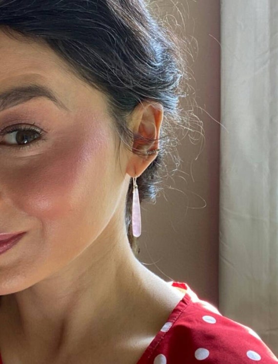 Long rose quartz earrings.  Teardrop rose quartz earrings.  Long pink earrings. Sexy long pink earrings