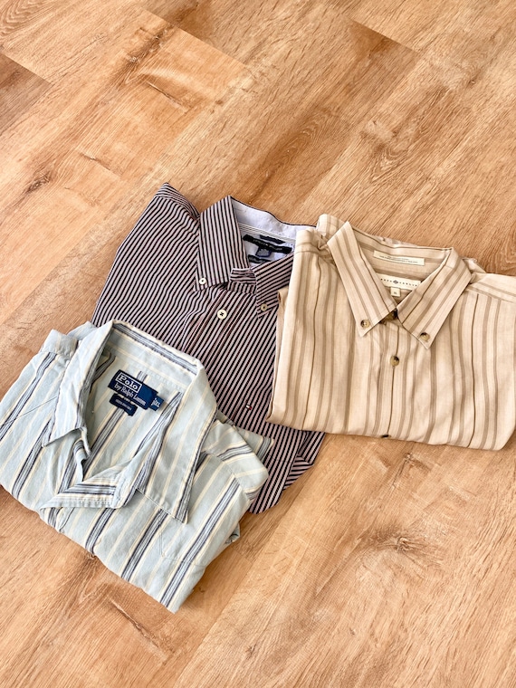 Vintage Striped Button Down Shirts, Polo Ralph Lauren, Joseph Abboud, Tommy Hilfiger, Mens XL