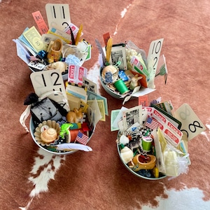Crow confetti, vintage items, junk journal items, miniatures, home treasure hunt