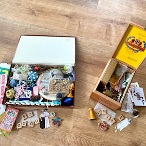 crows confetti, vintage treasure box, wood cigar box, vintage trinkets