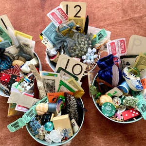 Crow confetti, vintage items, junk journal items, miniatures, home treasure hunt