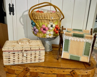 Vintage sewing basket, vintage knitting caddy, wicker sewing basket