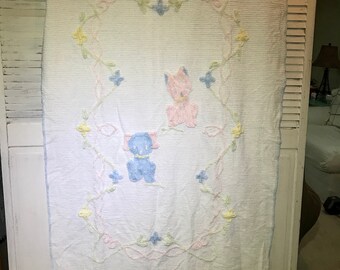 Vintage Chenille Baby Blanket: Puppy & Kitten Nursery Decor