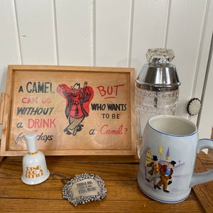 Vintage Bar Accessories: Tray, Cocktail Shaker, Stein, Bell & Tag