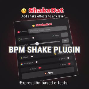 Puede incluir: Una captura de pantalla de una pantalla de computadora que muestra un complemento llamado "BPM Shake Plugin" con un ícono de cara sonriente amarilla. El complemento tiene una variedad de opciones para agregar efectos de sacudida a una capa, que incluyen preajuste, rotación, intensidad, flash, división RGB, desenfoque y eje X y eje Y.