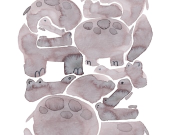 Hippos, original watercolor, children's decoration