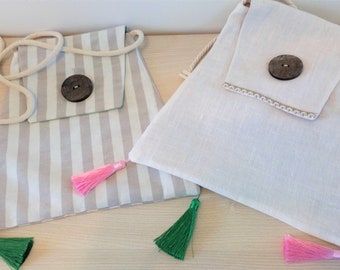 Large mixed linen summer bag with tassels