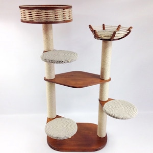 Five-Seat Cat Tree • Modern Design • Hand made • Customisable • Natural Wood • Stable • Heavy Base • Beautiful and Sturdy • Solid wood