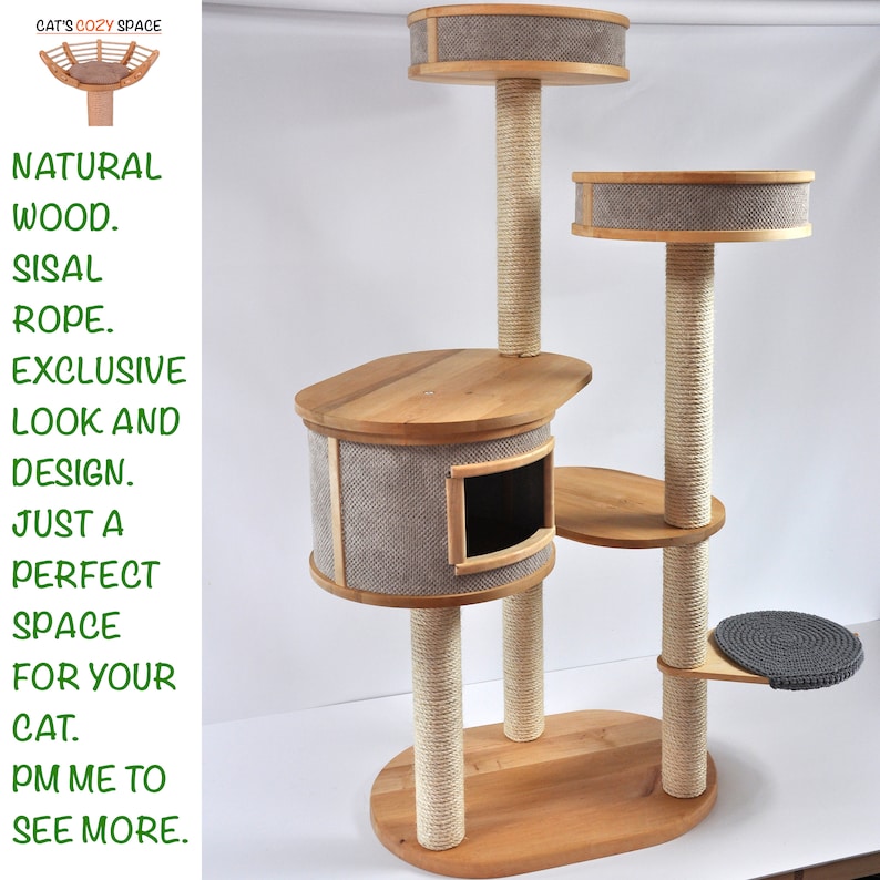 Cat Tree of 3 Towers 6 Seats Modern Cat Tree Hand made Natural Wood Beautiful and Sturdy Cat Tree Custom Cat Tree image 1