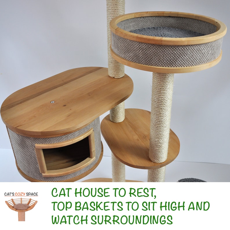 Cat Tree of 3 Towers 6 Seats Modern Cat Tree Hand made Natural Wood Beautiful and Sturdy Cat Tree Custom Cat Tree image 6