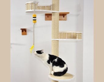 Floor-to-ceiling cat tree, 3 baskets. Cat scratcher. Handmade, luxury cat furniture.