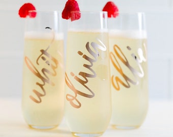 Bridesmaid Gift Ideas/Personalized Stemless Glasses/Bridesmaid Champagne Glasses/Personalized Champagne Flute/Monogram Glasses