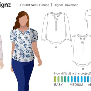 Round Neck Blouse Pattern, easy sewing, no buttons - five sizes in one, Instant download, DIGITAL PATTERN. Comfy, stylish, women's fashion